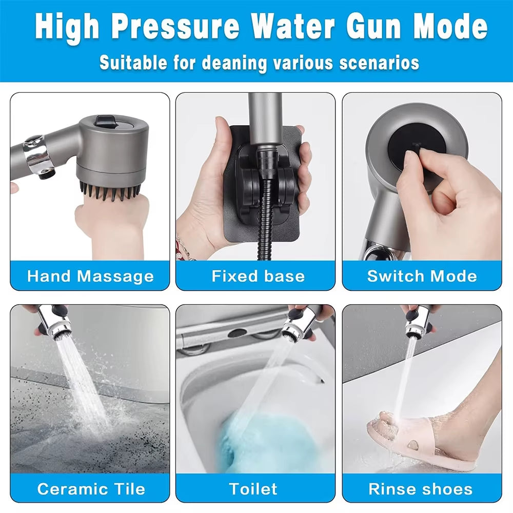 3 Modes Handheld Shower Head with Massage Brush Cotton Filters One-Click Stop Water Saving High Pressure Showerhead for Bathroom