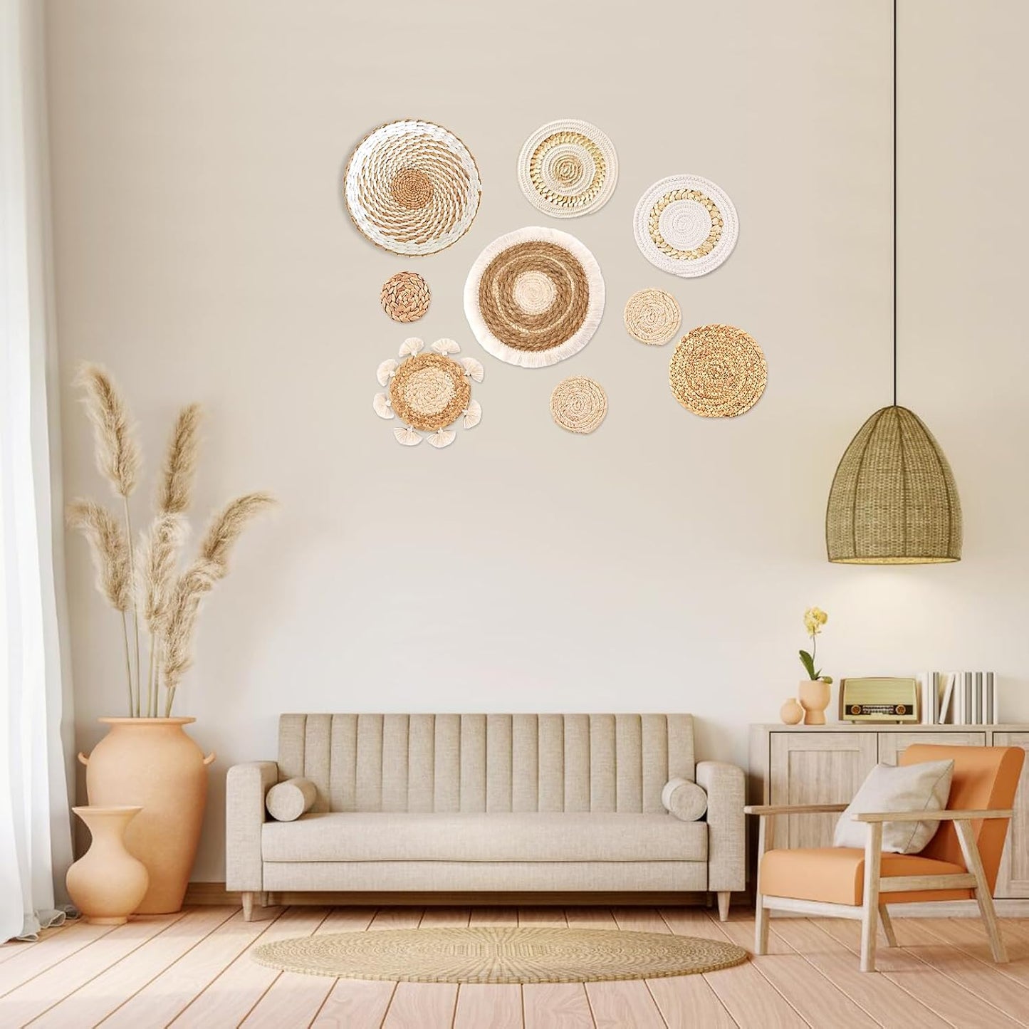 Juego De 9 Cestas De Pared Bohemias, Decoración De Cesta Tejida Para Pared, Decoración De Pared De Mimbre De Mimbre De Hierba Marina, Arte De Pared Redondo Ecológico Para Casa De Campo, Dormitorio,