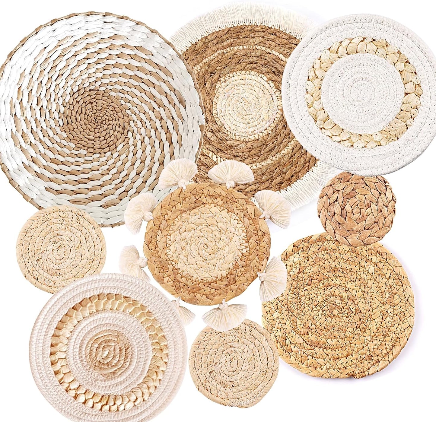 Juego De 9 Cestas De Pared Bohemias, Decoración De Cesta Tejida Para Pared, Decoración De Pared De Mimbre De Mimbre De Hierba Marina, Arte De Pared Redondo Ecológico Para Casa De Campo, Dormitorio,