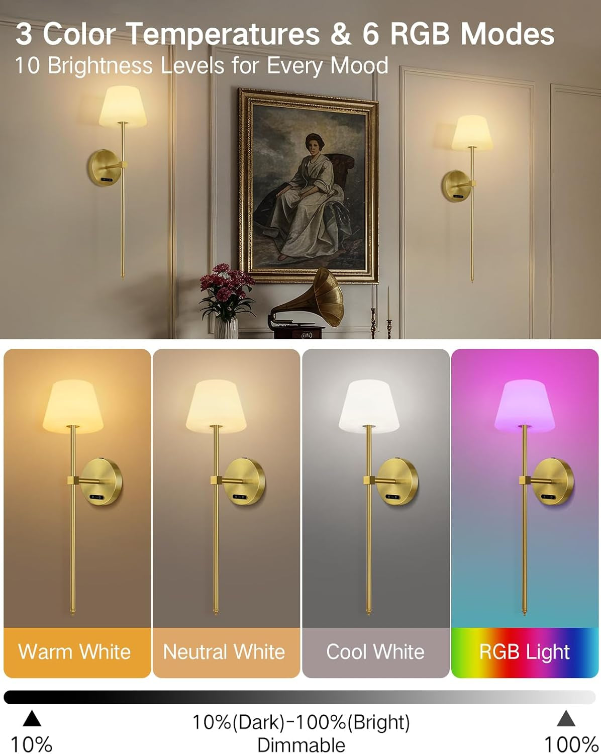OUTON Pack De 2 Apliques De Pared LED Sin Cable – Recargables Con Mando Y Control Táctil, RGB & 3 Temperaturas, Regulables, Temporizador, Memoria, Para Dormitorio, Pasillo, Salón (Dorado)