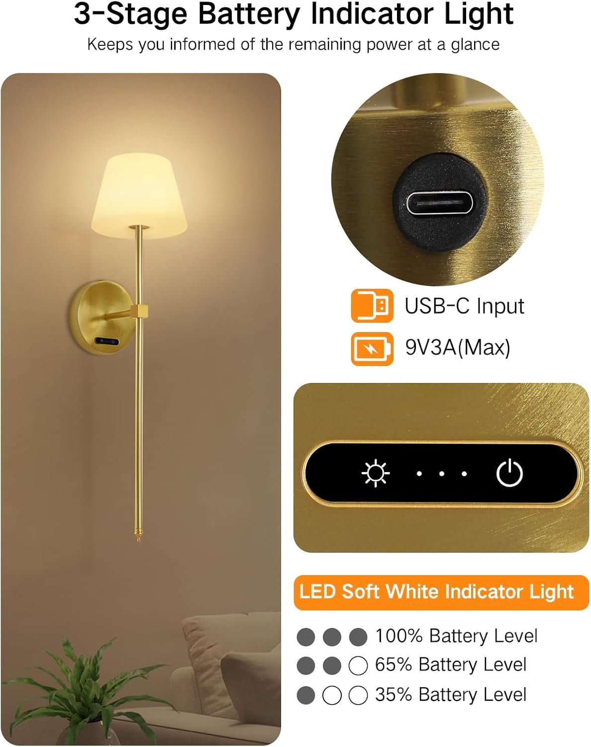 OUTON Pack De 2 Apliques De Pared LED Sin Cable – Recargables Con Mando Y Control Táctil, RGB & 3 Temperaturas, Regulables, Temporizador, Memoria, Para Dormitorio, Pasillo, Salón (Dorado)