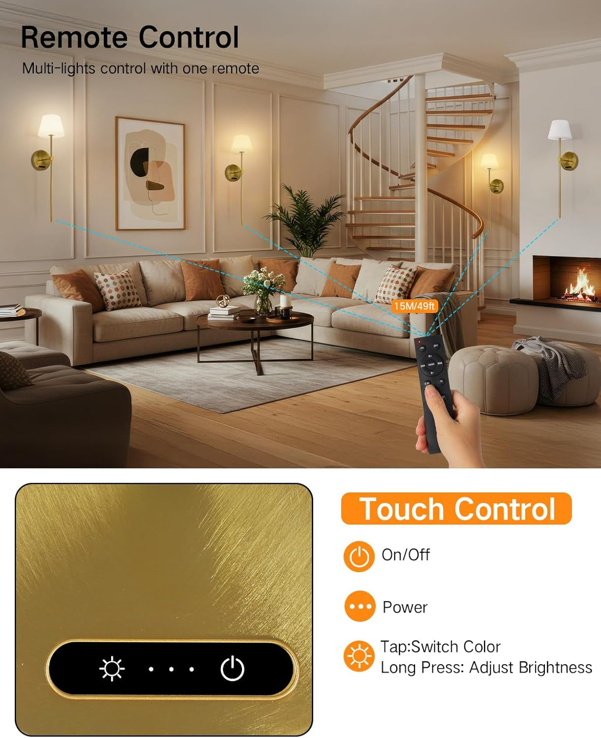OUTON Pack De 2 Apliques De Pared LED Sin Cable – Recargables Con Mando Y Control Táctil, RGB & 3 Temperaturas, Regulables, Temporizador, Memoria, Para Dormitorio, Pasillo, Salón (Dorado)