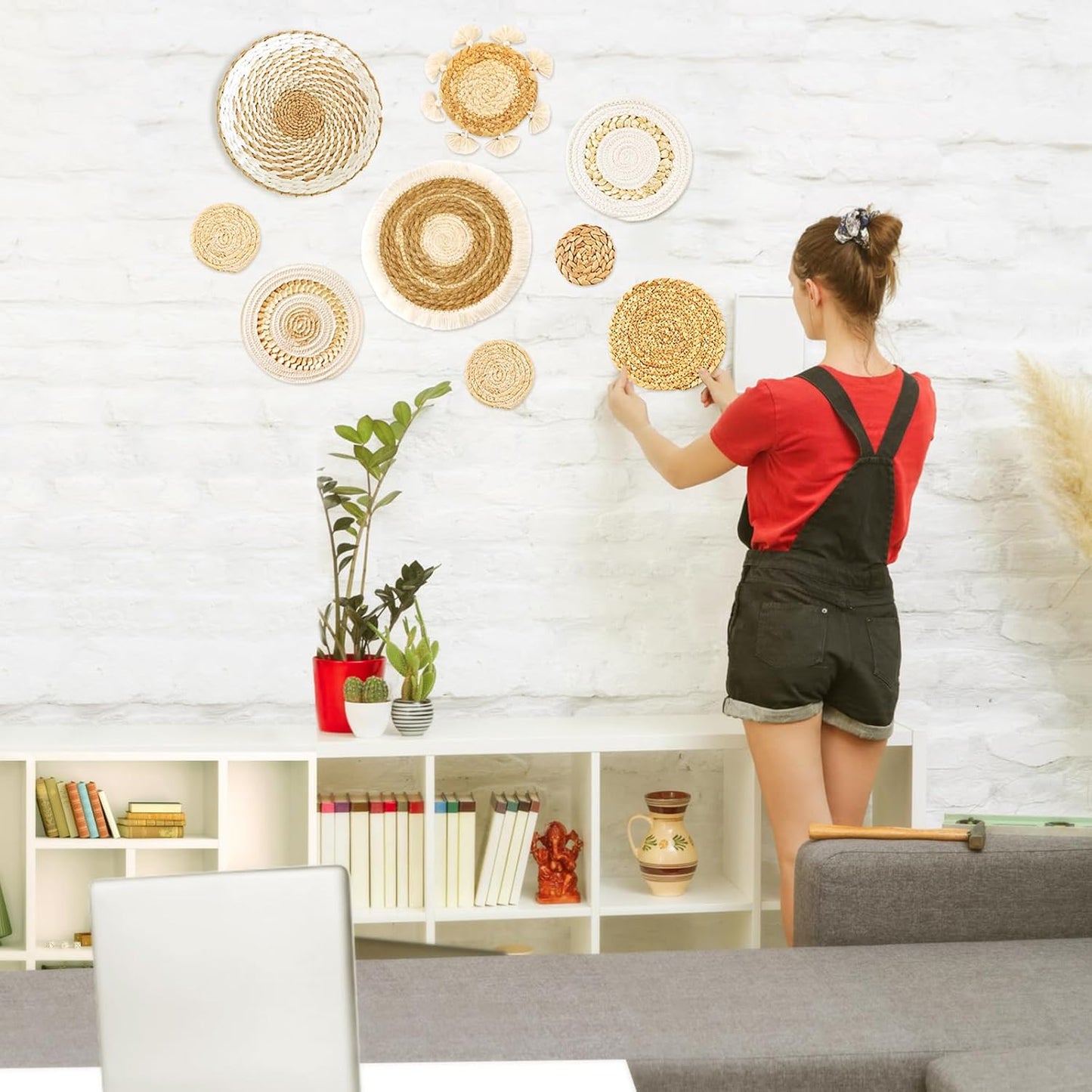 Juego De 9 Cestas De Pared Bohemias, Decoración De Cesta Tejida Para Pared, Decoración De Pared De Mimbre De Mimbre De Hierba Marina, Arte De Pared Redondo Ecológico Para Casa De Campo, Dormitorio,