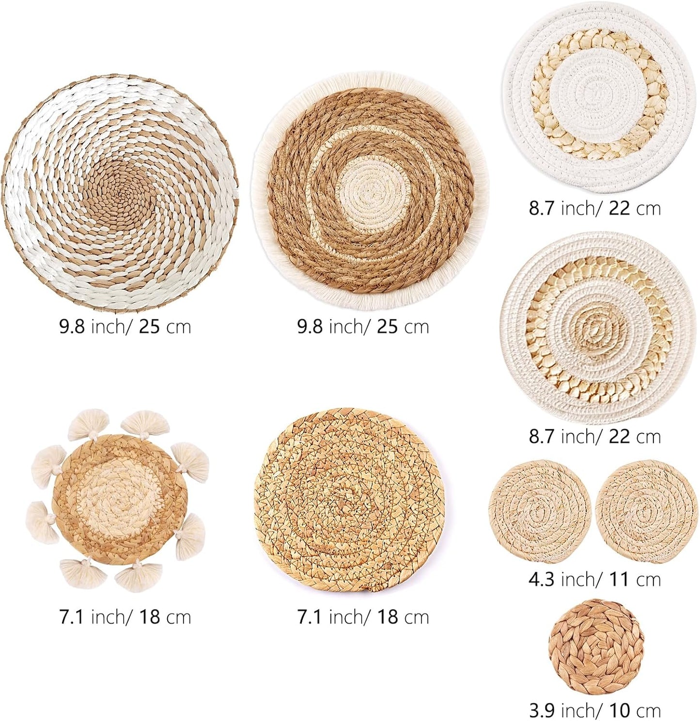 Juego De 9 Cestas De Pared Bohemias, Decoración De Cesta Tejida Para Pared, Decoración De Pared De Mimbre De Mimbre De Hierba Marina, Arte De Pared Redondo Ecológico Para Casa De Campo, Dormitorio,