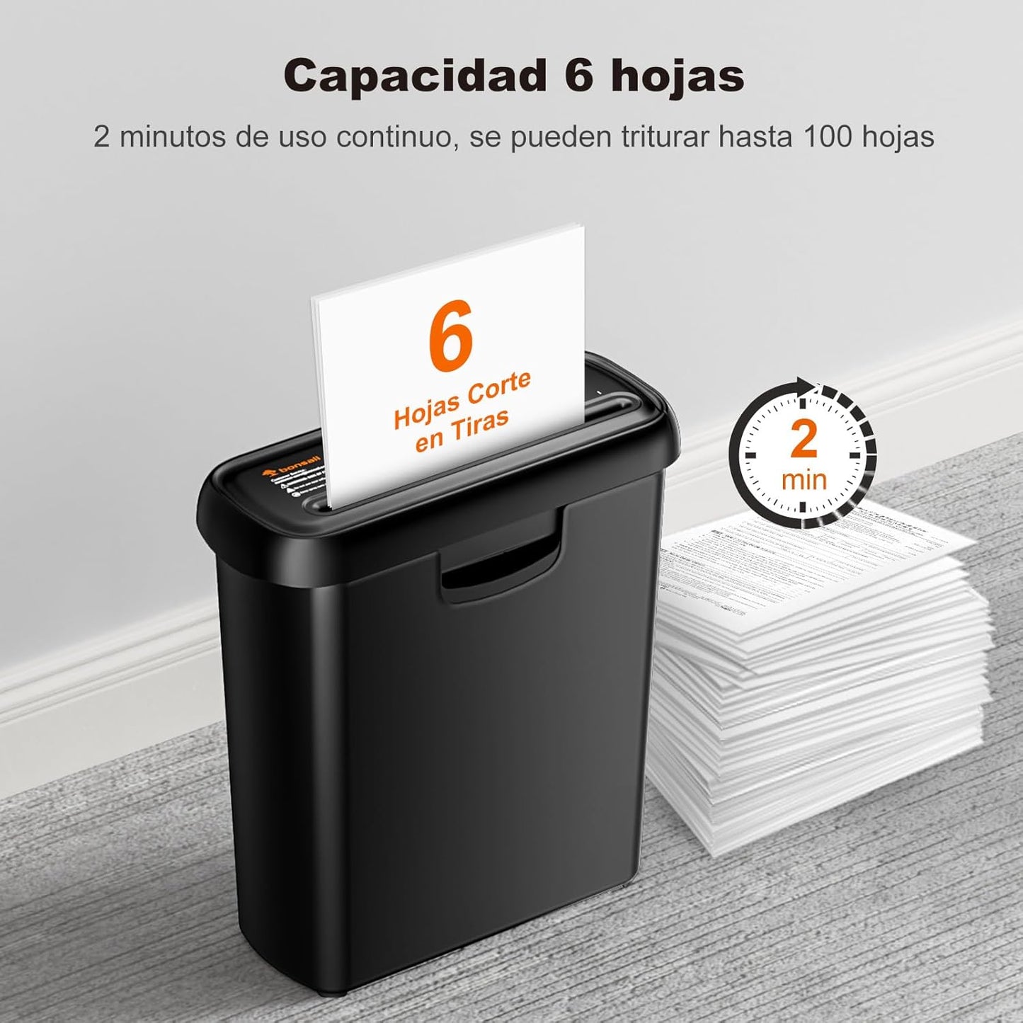 Bonsaii Trituradora De Papel Y Tarjetas, Con Corte En Tiras Y Contenedor Desmontable, Hasta 6 Hojas, Nivel De Seguridad P2, Capacidad De 9 Litros, Destructora De Papel Para Casa(S123-A)