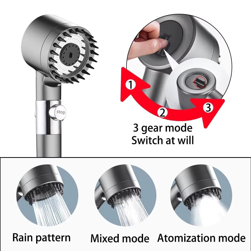 3 Modes Handheld Shower Head with Massage Brush Cotton Filters One-Click Stop Water Saving High Pressure Showerhead for Bathroom