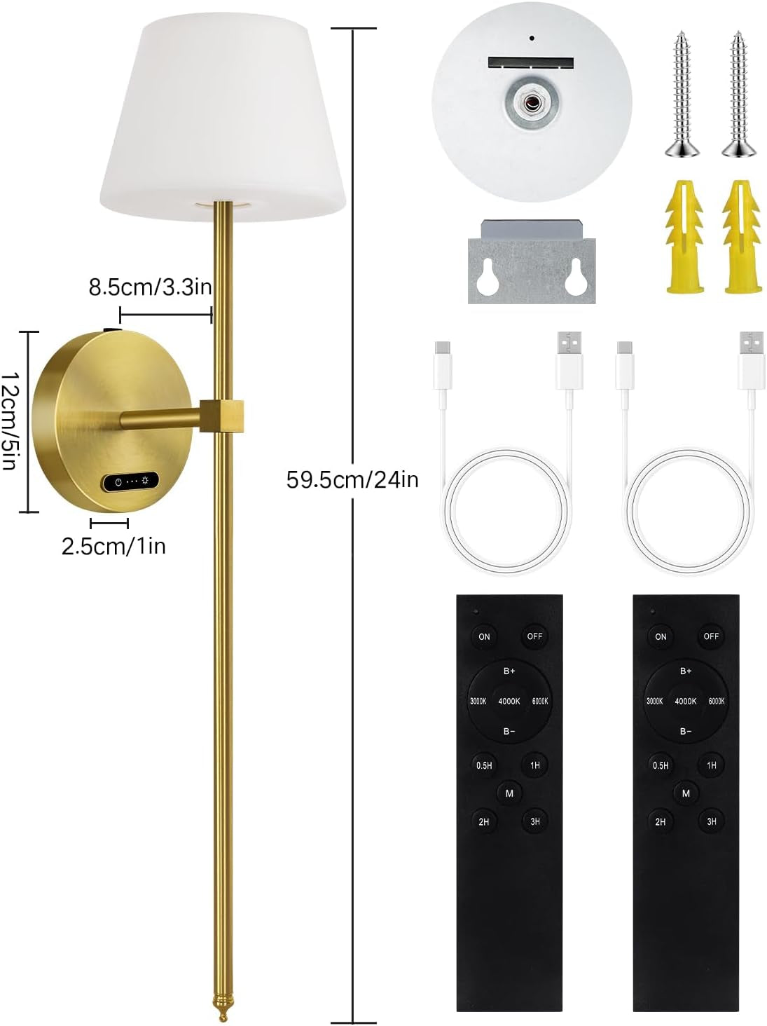 OUTON Pack De 2 Apliques De Pared LED Sin Cable – Recargables Con Mando Y Control Táctil, RGB & 3 Temperaturas, Regulables, Temporizador, Memoria, Para Dormitorio, Pasillo, Salón (Dorado)