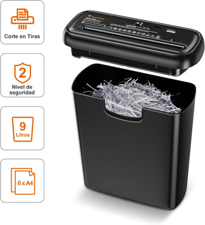 Bonsaii Trituradora De Papel Y Tarjetas, Con Corte En Tiras Y Contenedor Desmontable, Hasta 6 Hojas, Nivel De Seguridad P2, Capacidad De 9 Litros, Destructora De Papel Para Casa(S123-A)