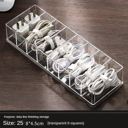 The Transparent Plastic Data Cable Storage Box Household Cable Mobilephone Charger Charging Cable Finishing Box Divided Grid Box