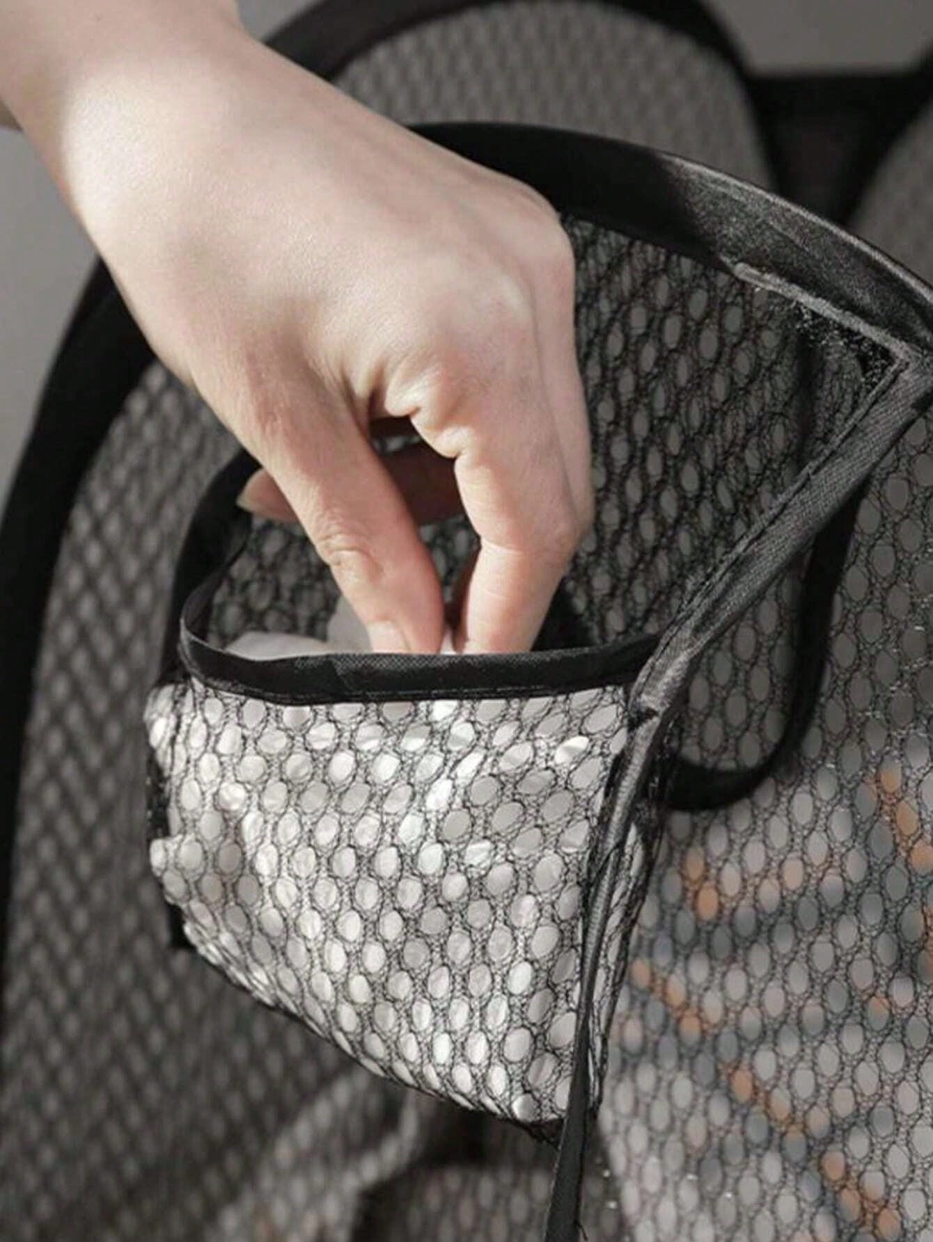 Black Foldable Laundry Hamper ,Large Capacity Mesh Basket with Handles & Multi-Pocket, Space Saving Closet Storage for Dorm/Apartment (Collapsible Design)