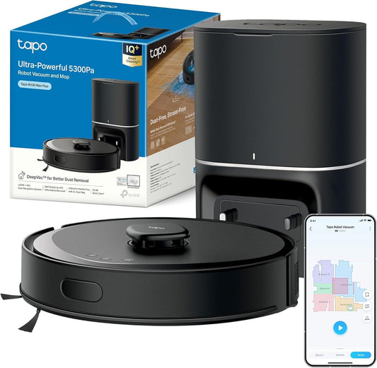 Tapo RV30 MAX plus Robot Aspiradora, Potencia De Succión Ultra De 5300 Pa Con Fregado, Base De Autovaciado Automático De 3 L, Navegación Lidar+Imu Avanzada, Control Por Voz Y Aplicación,Negro
