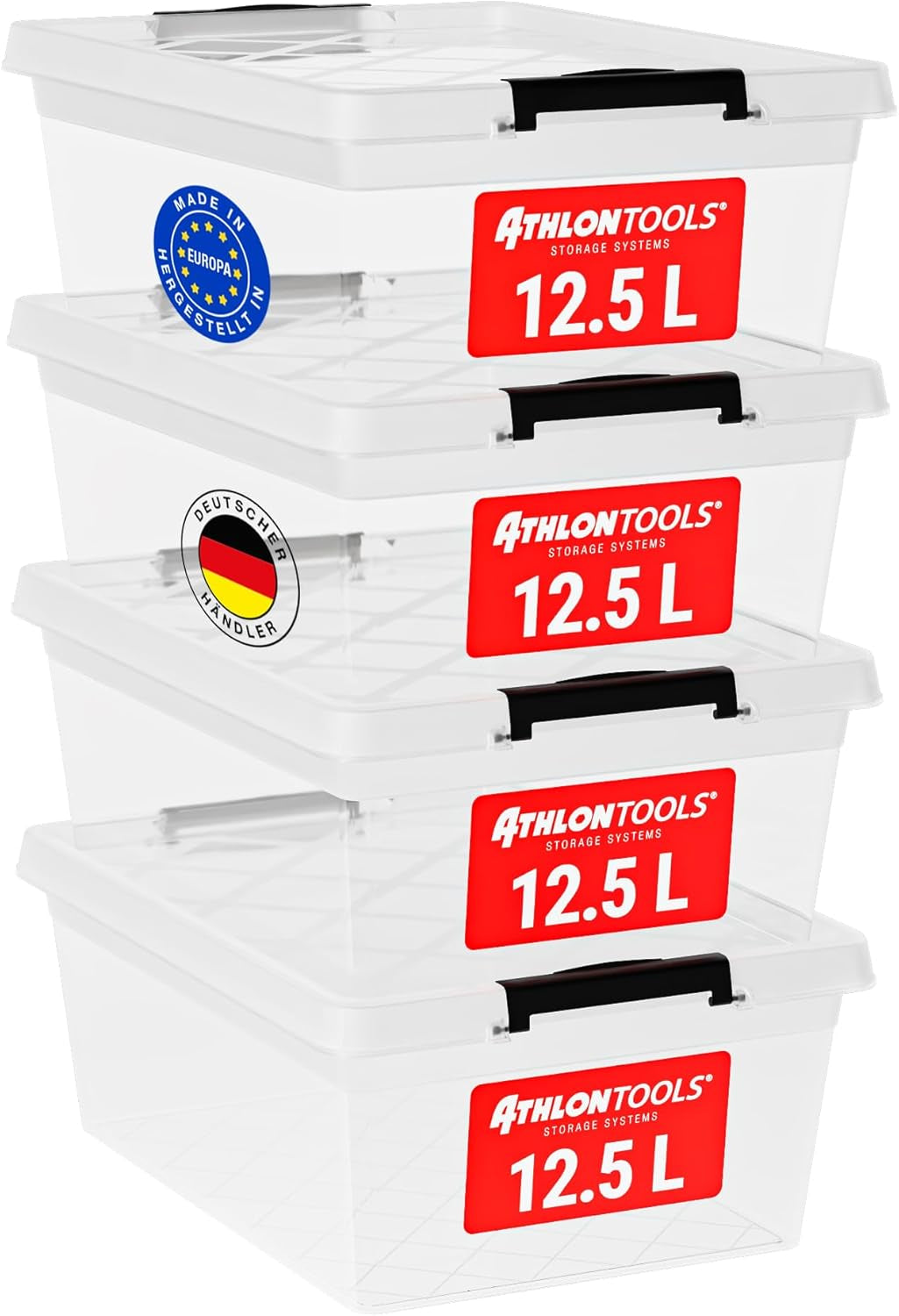 ATHLON TOOLS 4 Cajas De Almacenamiento De 12.5 L Con Tapa, Aptas Para Alimentos, Clips De Cierre, Caja De Plástico 100% Transparente, Cajas De Ropa Apilables