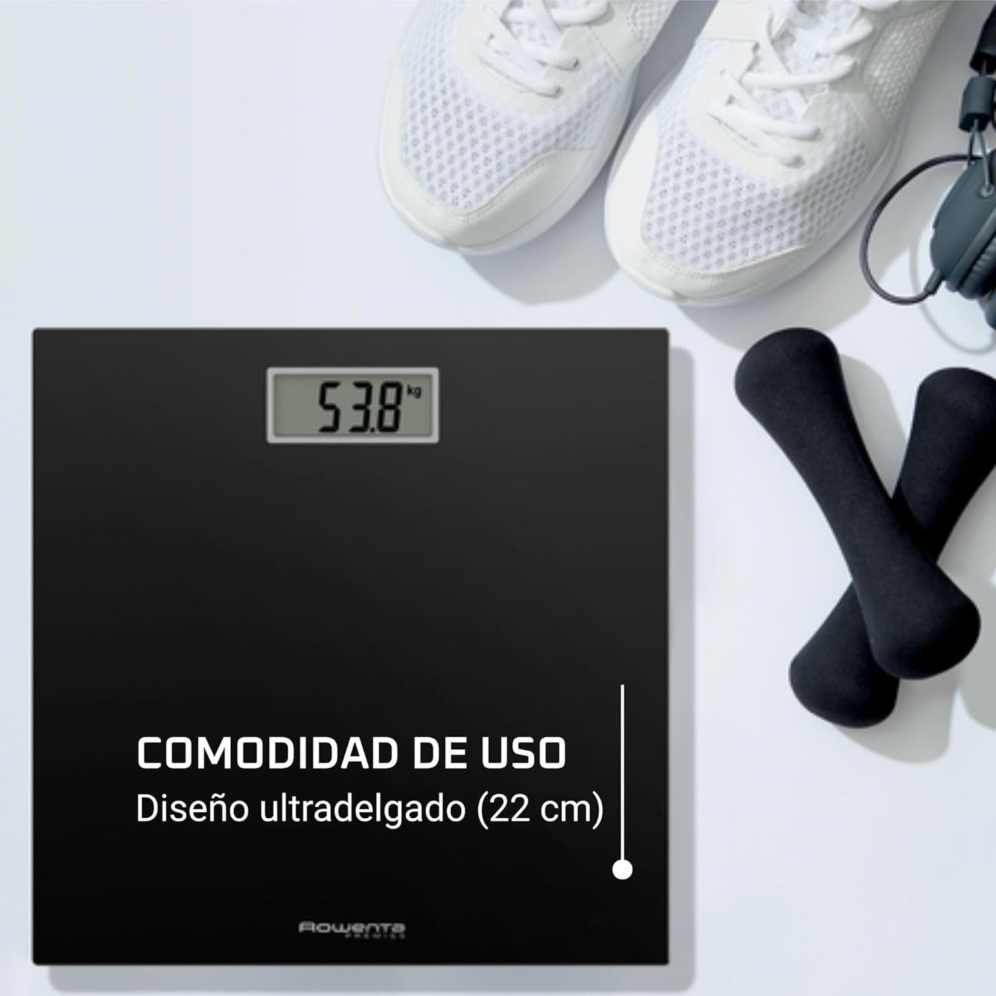 Rowenta BS1400 Premiss - Báscula De Baño Con Pantalla LCD, Diseño Fino De 2Cm De Alto, Hasta 150 Kg Y 100 Gr Precisión, Encendido Y Apagado Automático, Negro