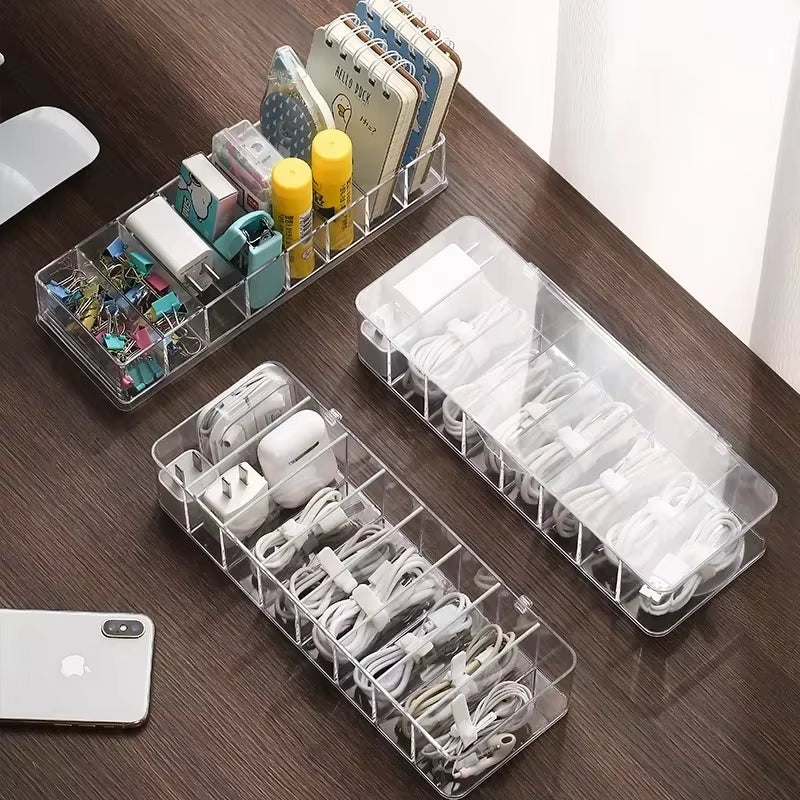 The Transparent Plastic Data Cable Storage Box Household Cable Mobilephone Charger Charging Cable Finishing Box Divided Grid Box