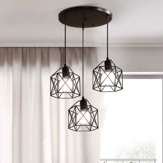 Vintage Pendant Lamp 3 Head Hanging Lamp Ceiling Chandelier Metal Shade E27 Black, Suitable for Living Room, Dining Room