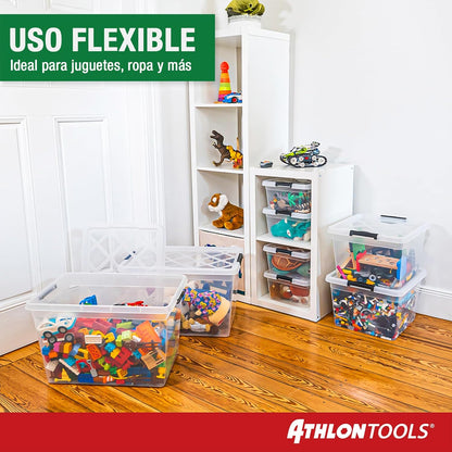 ATHLON TOOLS 4 Cajas De Almacenamiento De 12.5 L Con Tapa, Aptas Para Alimentos, Clips De Cierre, Caja De Plástico 100% Transparente, Cajas De Ropa Apilables