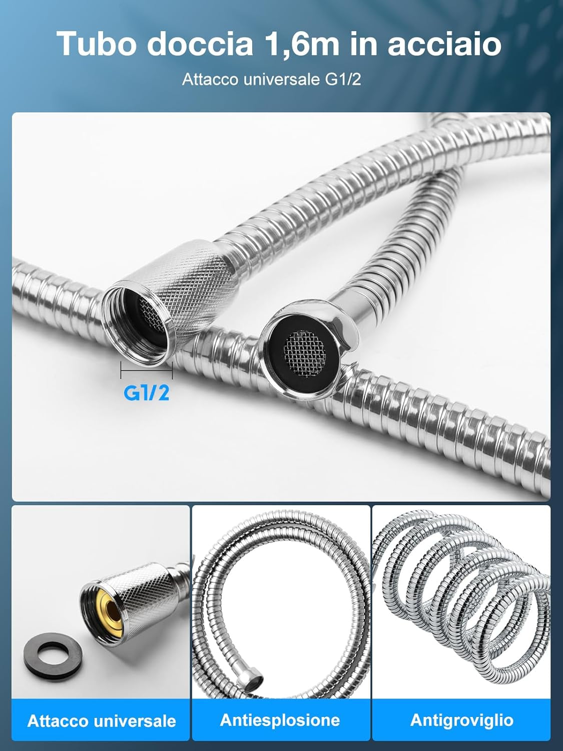 YEAUPE PRO Alcachofa De Ducha Con Manguera 1,6M,Ducha Baño Con Filtro, 6 Patrones De Rociado,Alta Presión,Antical,Mano Redonda Grande(130Mm),Ahorro De Agua Cabezal De Ducha,Negro Blanco