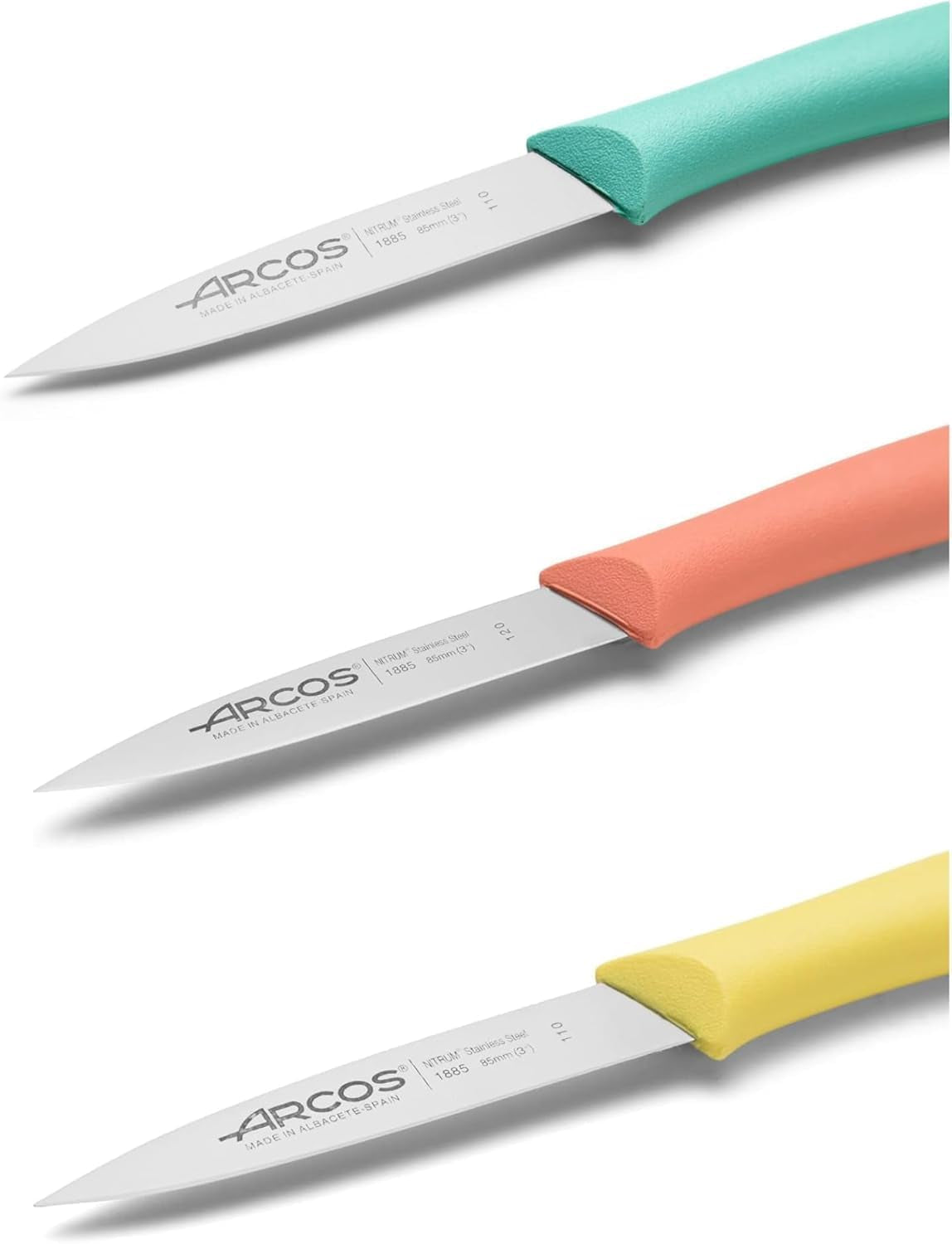 Arcos Set Cuchillos Mondadores. 3 Piezas Acero Inoxidable. Cuchillos Cocina Peladores Multicolor Para Pelar Frutas Y Verduras. Mango Ergonómico Polipropileno. Serie Nova. Naranja, Amarillo Y Azul.