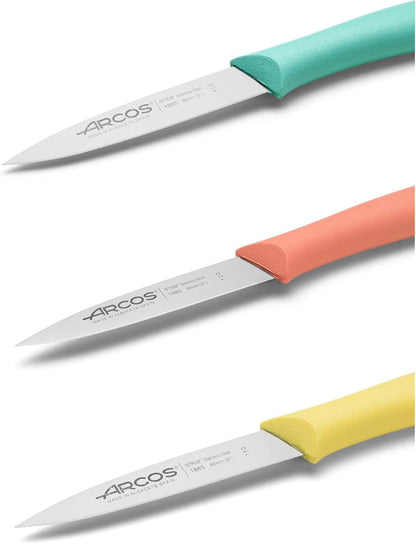 Arcos Set Cuchillos Mondadores. 3 Piezas Acero Inoxidable. Cuchillos Cocina Peladores Multicolor Para Pelar Frutas Y Verduras. Mango Ergonómico Polipropileno. Serie Nova. Naranja, Amarillo Y Azul.