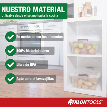 ATHLON TOOLS 4 Cajas De Almacenamiento De 12.5 L Con Tapa, Aptas Para Alimentos, Clips De Cierre, Caja De Plástico 100% Transparente, Cajas De Ropa Apilables