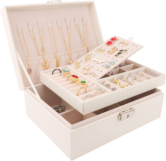 Joyeros Mujer, 2 Capas Caja Joyero Organizador De Joyas De Cuero PU, Organizador Joyas Para Pendientes, Anillos, Aretes, Pulseras Y Collares