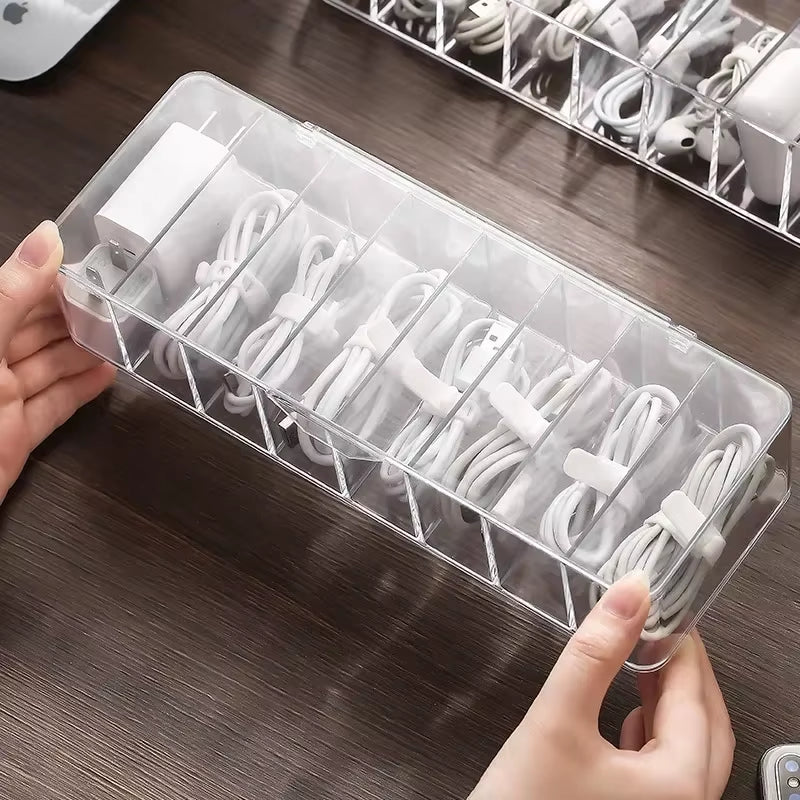 The Transparent Plastic Data Cable Storage Box Household Cable Mobilephone Charger Charging Cable Finishing Box Divided Grid Box