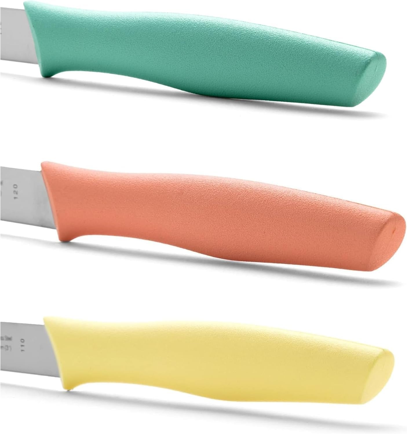 Arcos Set Cuchillos Mondadores. 3 Piezas Acero Inoxidable. Cuchillos Cocina Peladores Multicolor Para Pelar Frutas Y Verduras. Mango Ergonómico Polipropileno. Serie Nova. Naranja, Amarillo Y Azul.
