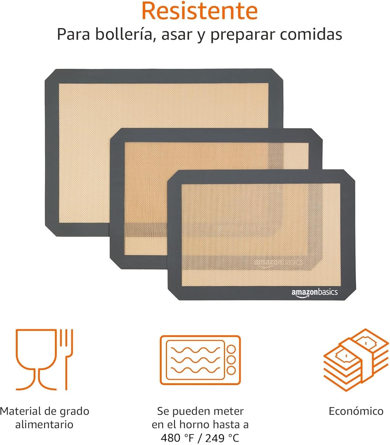 Amazon Basics Rectangular Tapete De Silicona Para Hornear, Juego De 3 Unidades, Marrón,Negro, 23.0Cm X 33.0Cm, 25.0Cm X 29.5Cm, 29.5Cm X 37.5Cm