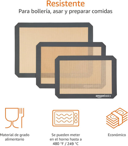 Amazon Basics Rectangular Tapete De Silicona Para Hornear, Juego De 3 Unidades, Marrón,Negro, 23.0Cm X 33.0Cm, 25.0Cm X 29.5Cm, 29.5Cm X 37.5Cm