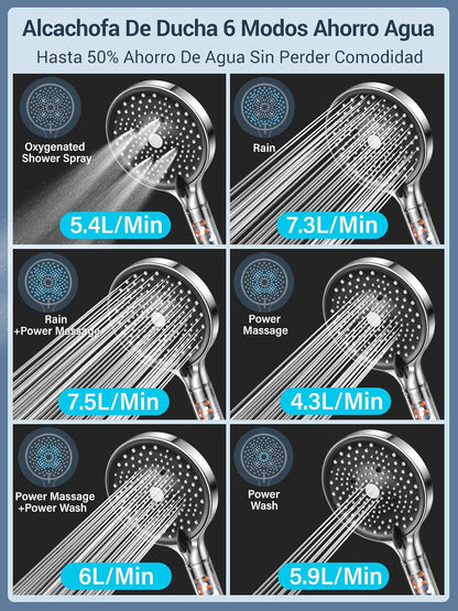 YEAUPE PRO Alcachofa De Ducha Con Manguera 1,6M,Ducha Baño Con Filtro, 6 Patrones De Rociado,Alta Presión,Antical,Mano Redonda Grande(130Mm),Ahorro De Agua Cabezal De Ducha,Negro Blanco