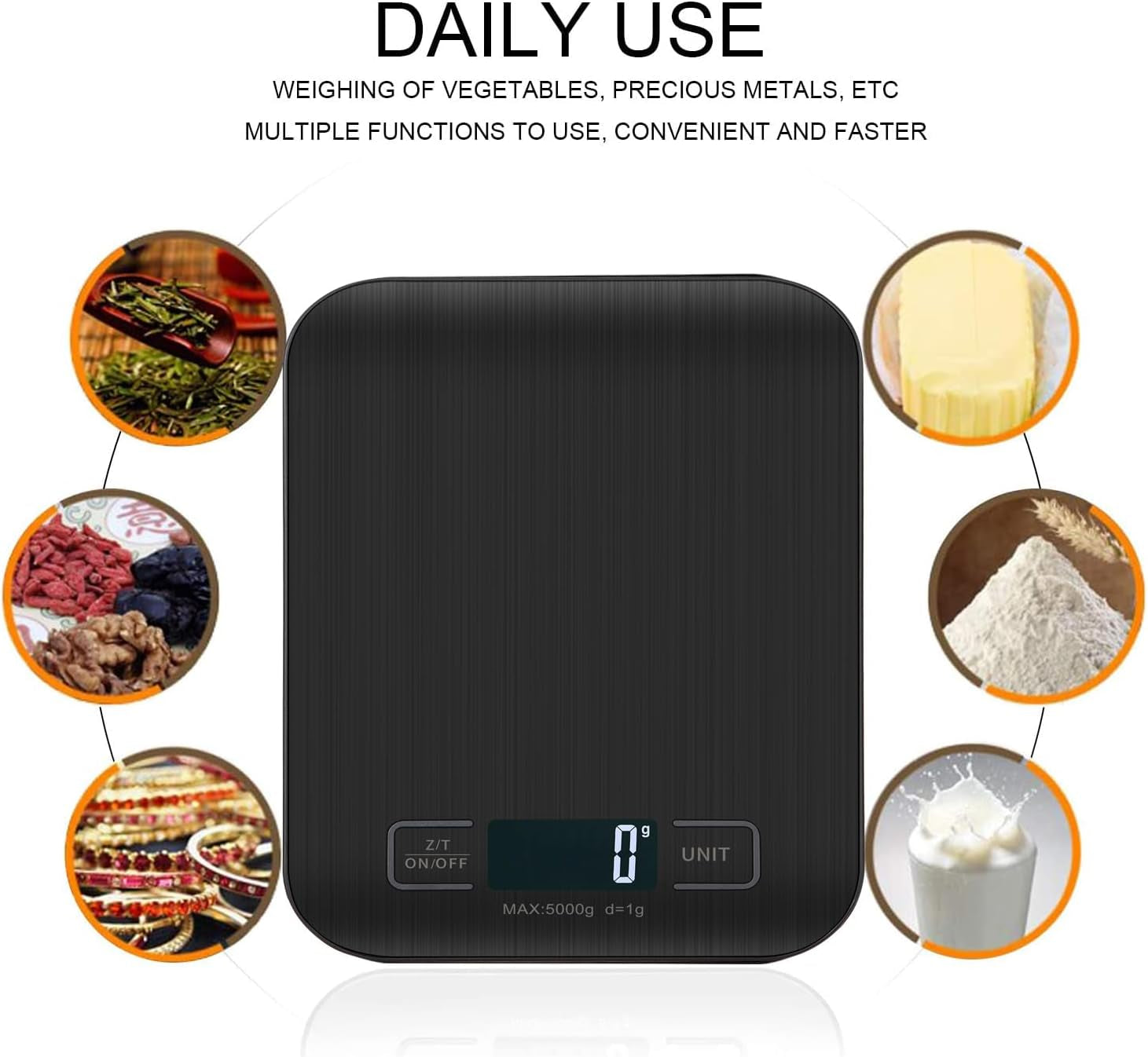 Báscula De Cocina Digita, Báscula Digital 5Kg - Medición Precisa Hasta 1G, Estilizada Y Delgada Balanza Para Alimentos, Pantalla Lcd, Función De Tara. (Negro-5Kg)
