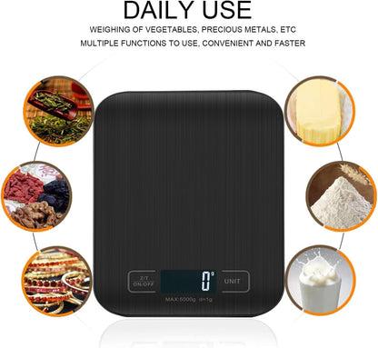Báscula De Cocina Digita, Báscula Digital 5Kg - Medición Precisa Hasta 1G, Estilizada Y Delgada Balanza Para Alimentos, Pantalla Lcd, Función De Tara. (Negro-5Kg)