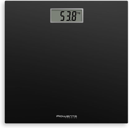 Rowenta BS1400 Premiss - Báscula De Baño Con Pantalla LCD, Diseño Fino De 2Cm De Alto, Hasta 150 Kg Y 100 Gr Precisión, Encendido Y Apagado Automático, Negro