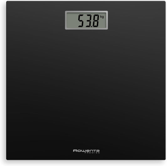 Rowenta BS1400 Premiss - Báscula De Baño Con Pantalla LCD, Diseño Fino De 2Cm De Alto, Hasta 150 Kg Y 100 Gr Precisión, Encendido Y Apagado Automático, Negro