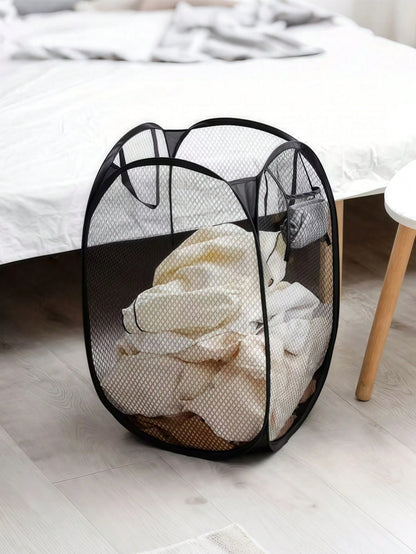 Black Foldable Laundry Hamper ,Large Capacity Mesh Basket with Handles & Multi-Pocket, Space Saving Closet Storage for Dorm/Apartment (Collapsible Design)