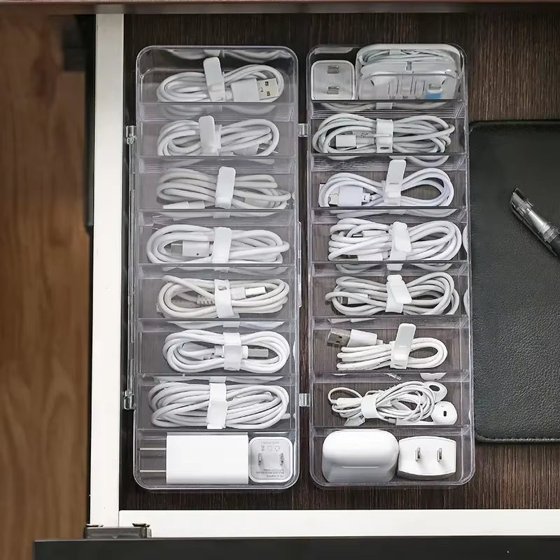The Transparent Plastic Data Cable Storage Box Household Cable Mobilephone Charger Charging Cable Finishing Box Divided Grid Box