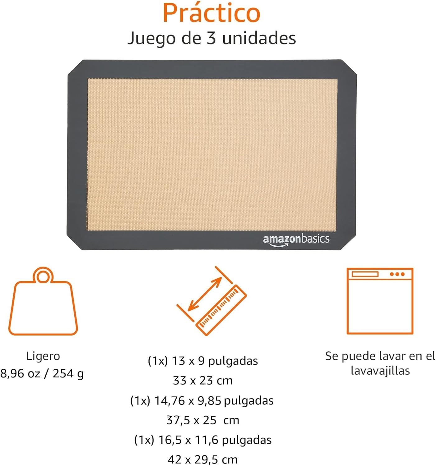 Amazon Basics Rectangular Tapete De Silicona Para Hornear, Juego De 3 Unidades, Marrón,Negro, 23.0Cm X 33.0Cm, 25.0Cm X 29.5Cm, 29.5Cm X 37.5Cm