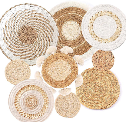 Juego De 9 Cestas De Pared Bohemias, Decoración De Cesta Tejida Para Pared, Decoración De Pared De Mimbre De Mimbre De Hierba Marina, Arte De Pared Redondo Ecológico Para Casa De Campo, Dormitorio,