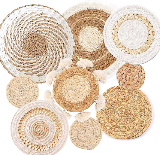Juego De 9 Cestas De Pared Bohemias, Decoración De Cesta Tejida Para Pared, Decoración De Pared De Mimbre De Mimbre De Hierba Marina, Arte De Pared Redondo Ecológico Para Casa De Campo, Dormitorio,