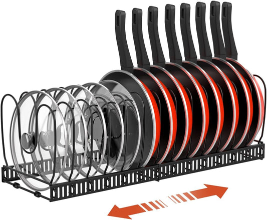 Housolution Organizador De Ollas Y Sartenes, Extensible Organizador Tapas Ollas Con 14 Compartimentos Ajustable, Soporte Tapas Ollas Y Sartenes Para Cocina, Negro