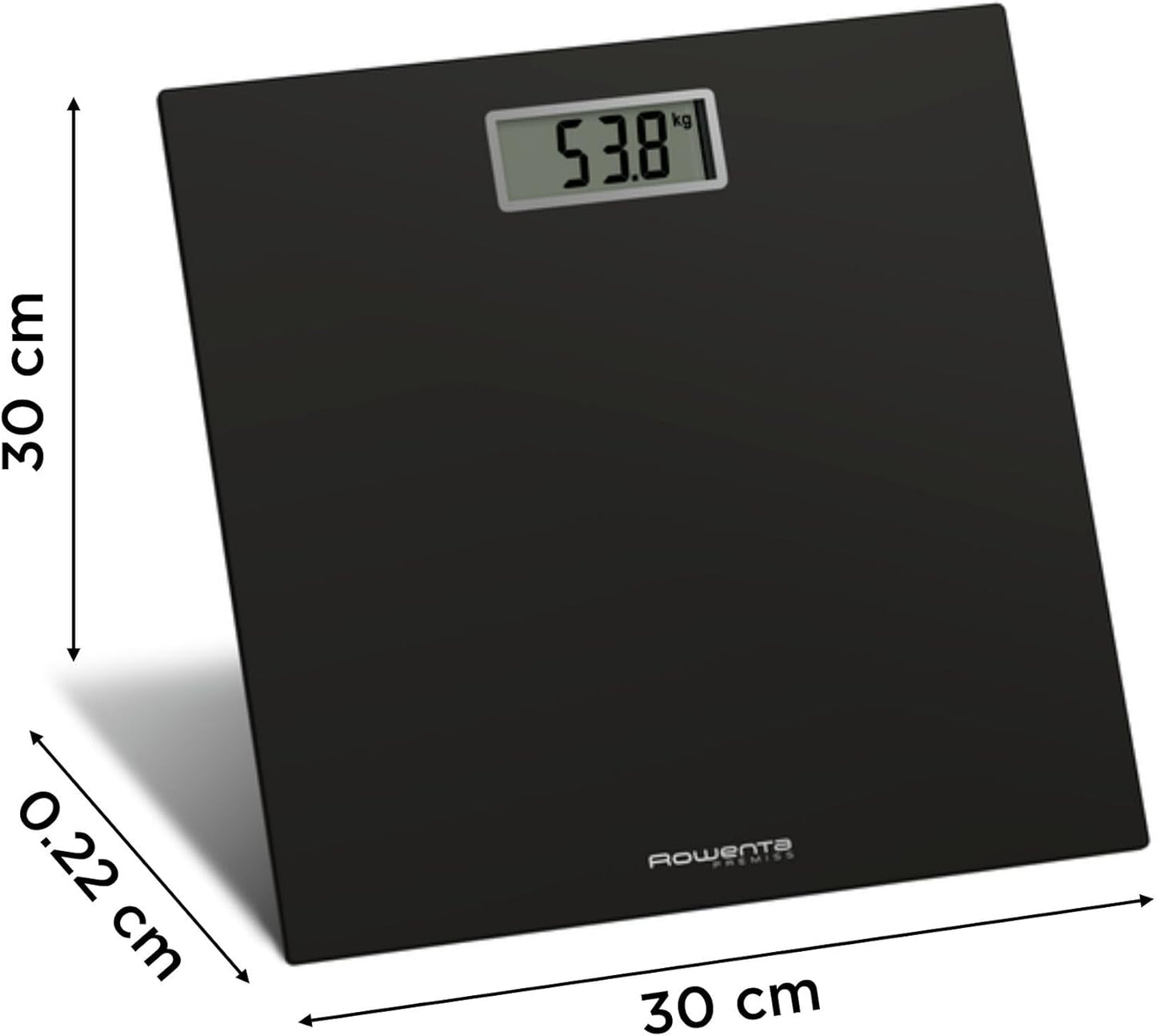 Rowenta BS1400 Premiss - Báscula De Baño Con Pantalla LCD, Diseño Fino De 2Cm De Alto, Hasta 150 Kg Y 100 Gr Precisión, Encendido Y Apagado Automático, Negro
