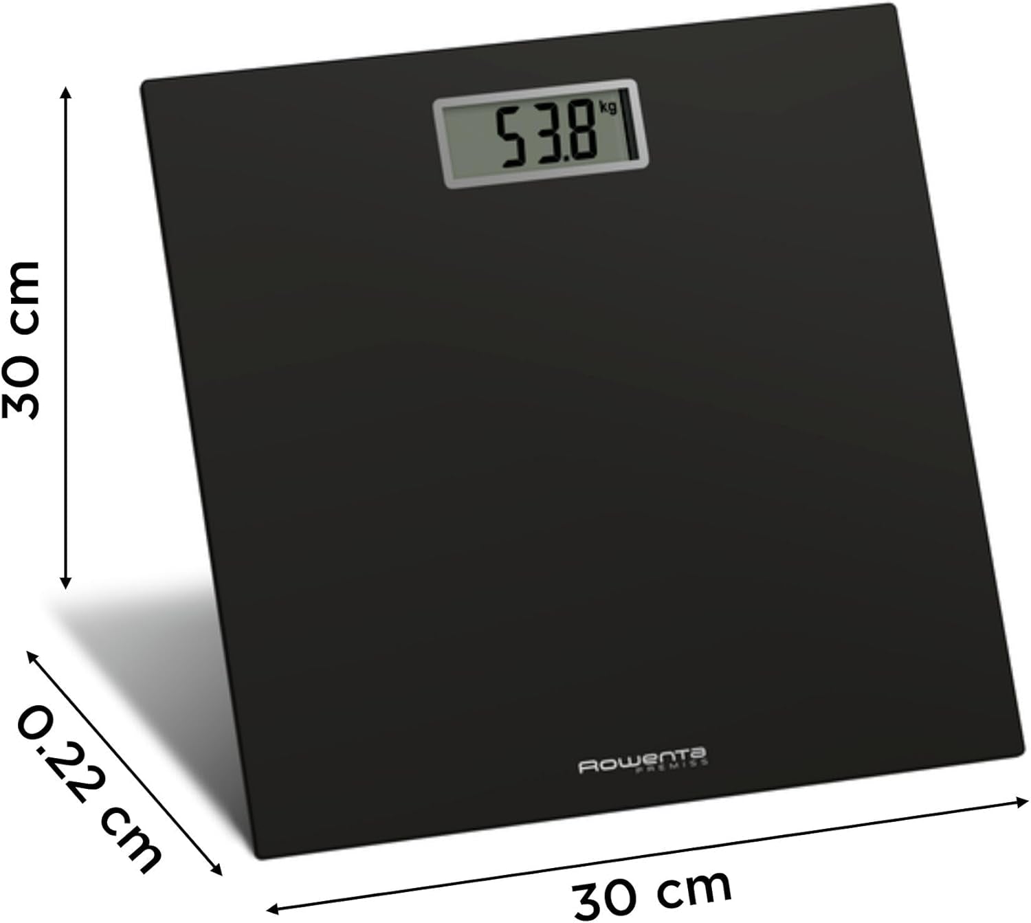 Rowenta BS1400 Premiss - Báscula De Baño Con Pantalla LCD, Diseño Fino De 2Cm De Alto, Hasta 150 Kg Y 100 Gr Precisión, Encendido Y Apagado Automático, Negro