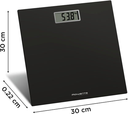 Rowenta BS1400 Premiss - Báscula De Baño Con Pantalla LCD, Diseño Fino De 2Cm De Alto, Hasta 150 Kg Y 100 Gr Precisión, Encendido Y Apagado Automático, Negro