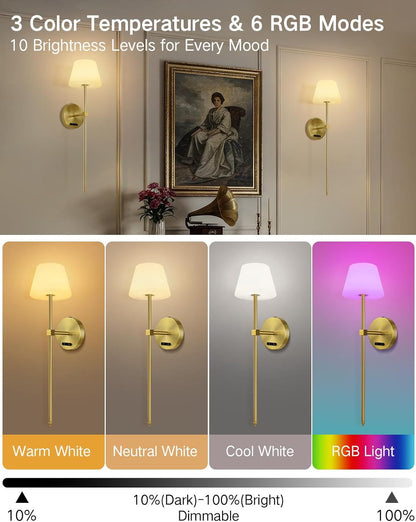 OUTON Pack De 2 Apliques De Pared LED Sin Cable – Recargables Con Mando Y Control Táctil, RGB & 3 Temperaturas, Regulables, Temporizador, Memoria, Para Dormitorio, Pasillo, Salón (Dorado)