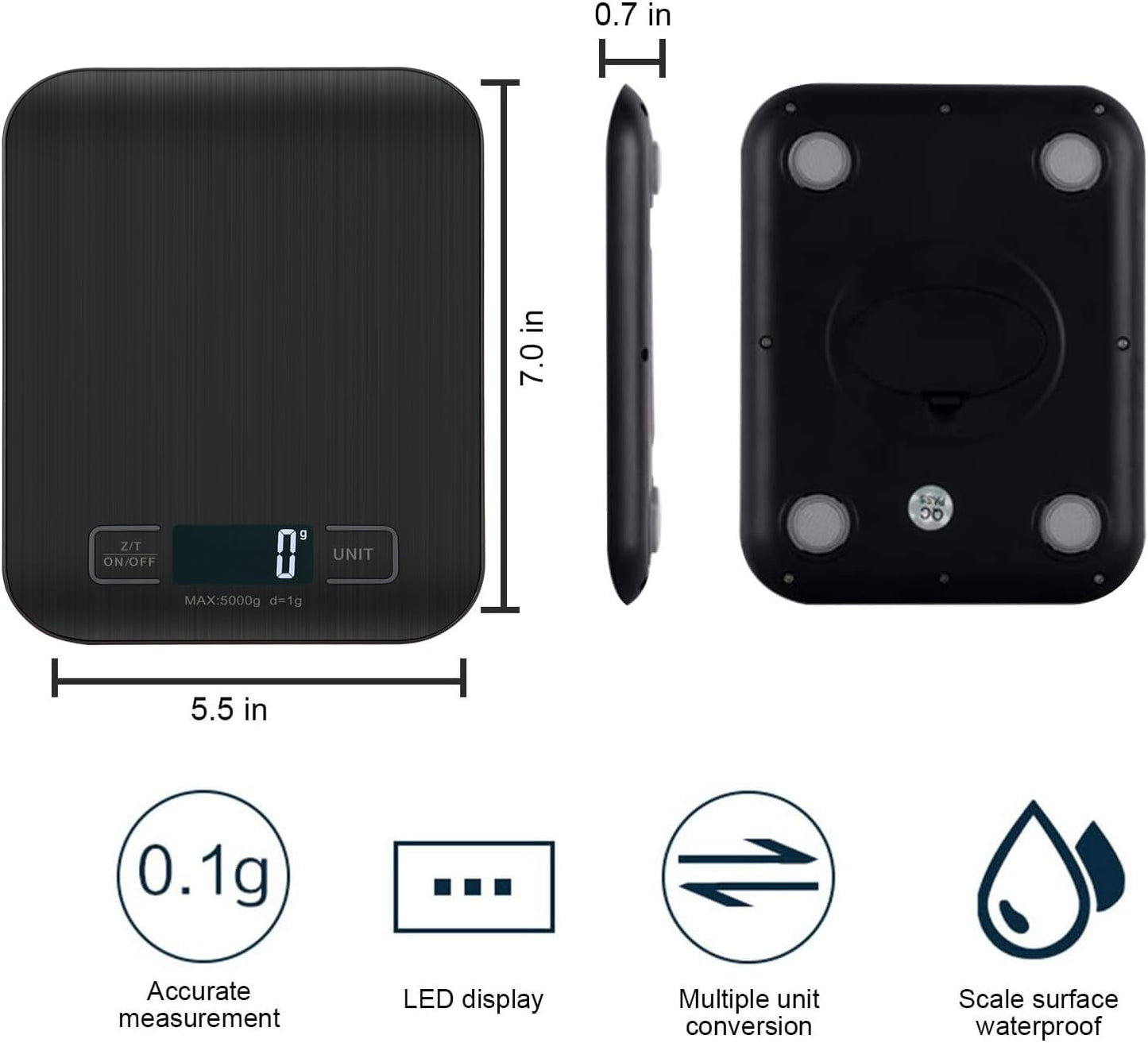 Báscula De Cocina Digita, Báscula Digital 5Kg - Medición Precisa Hasta 1G, Estilizada Y Delgada Balanza Para Alimentos, Pantalla Lcd, Función De Tara. (Negro-5Kg)