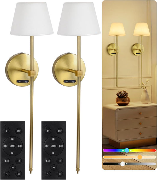 OUTON Pack De 2 Apliques De Pared LED Sin Cable – Recargables Con Mando Y Control Táctil, RGB & 3 Temperaturas, Regulables, Temporizador, Memoria, Para Dormitorio, Pasillo, Salón (Dorado)