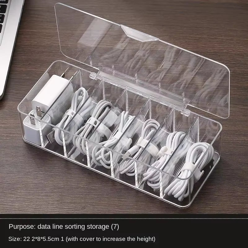 The Transparent Plastic Data Cable Storage Box Household Cable Mobilephone Charger Charging Cable Finishing Box Divided Grid Box