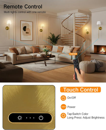 OUTON Pack De 2 Apliques De Pared LED Sin Cable – Recargables Con Mando Y Control Táctil, RGB & 3 Temperaturas, Regulables, Temporizador, Memoria, Para Dormitorio, Pasillo, Salón (Dorado)