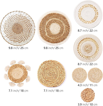 Juego De 9 Cestas De Pared Bohemias, Decoración De Cesta Tejida Para Pared, Decoración De Pared De Mimbre De Mimbre De Hierba Marina, Arte De Pared Redondo Ecológico Para Casa De Campo, Dormitorio,