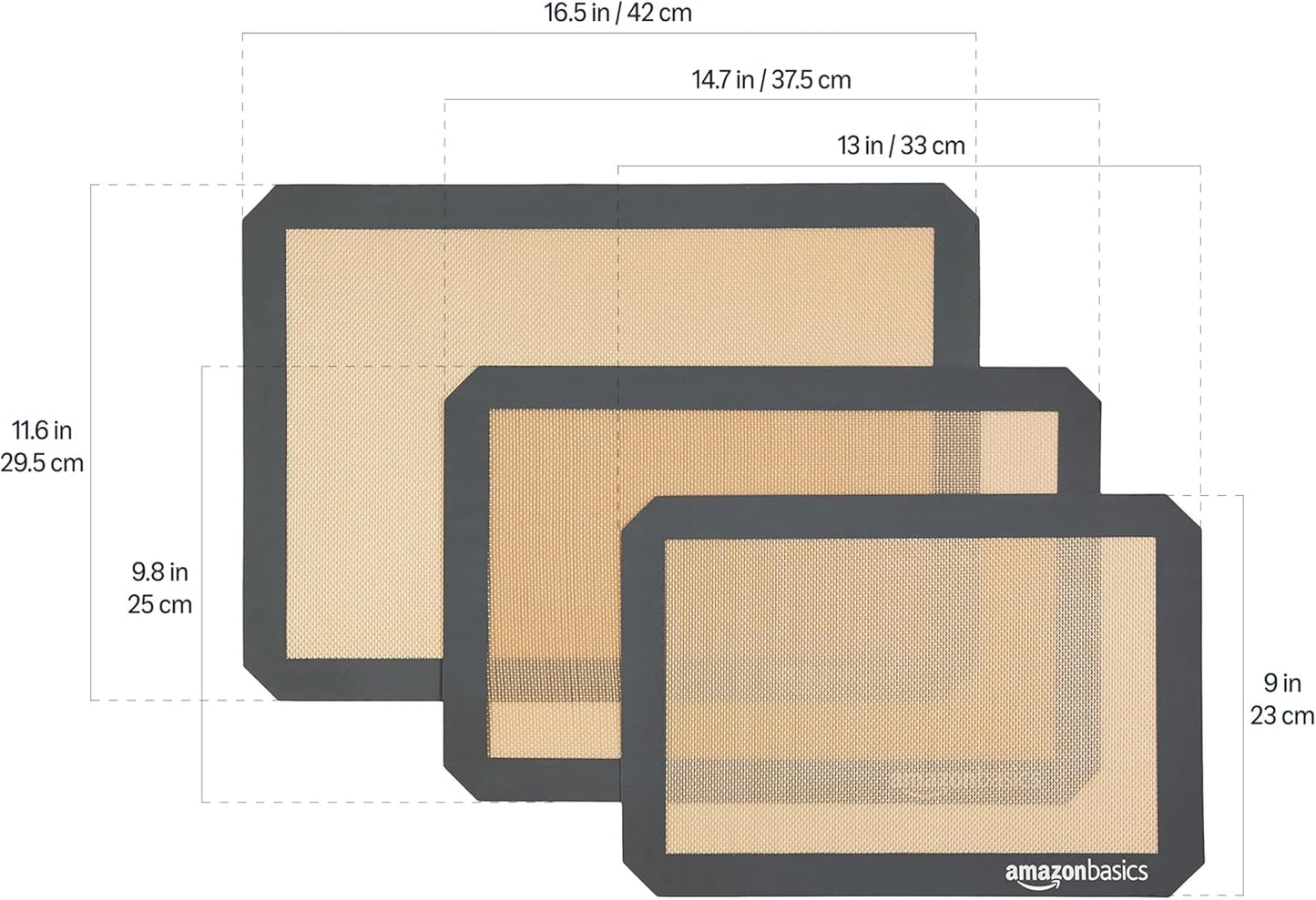 Amazon Basics Rectangular Tapete De Silicona Para Hornear, Juego De 3 Unidades, Marrón,Negro, 23.0Cm X 33.0Cm, 25.0Cm X 29.5Cm, 29.5Cm X 37.5Cm